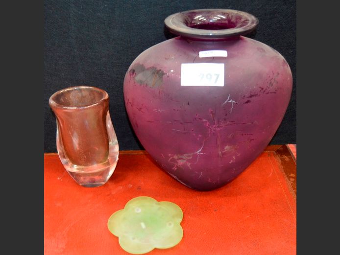 LARGE PURPLE GLASS VASE, 35cm High, CLEAR GLASS VASE [Damaged], etc