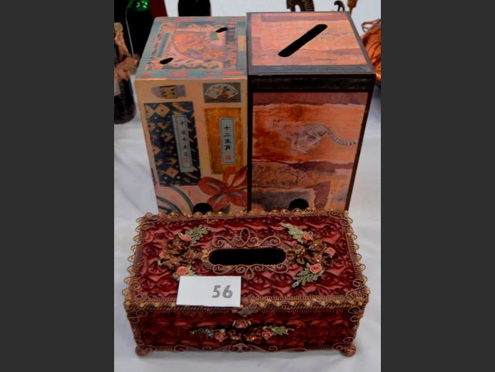 LOT: 2 x WOODEN WINE BOXES & A TISSUE BOX