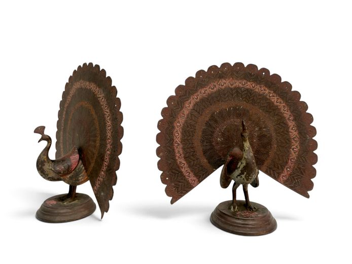 Pair of Antique Anglo-Indian Chased Brass & Copper Peacock Figurines