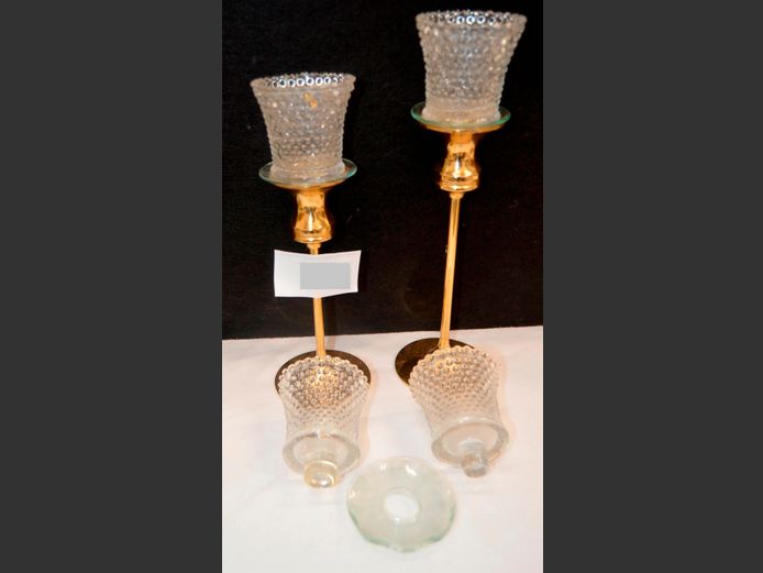 SET OF 2 BRASS & GLASS TEALIGHT CANDLESTICKS, 27cm High & 24cm High