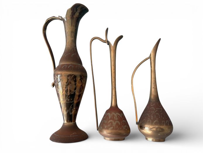 Vintage Brass Ewer & Matching Pouring Jugs Set (3 Piece)