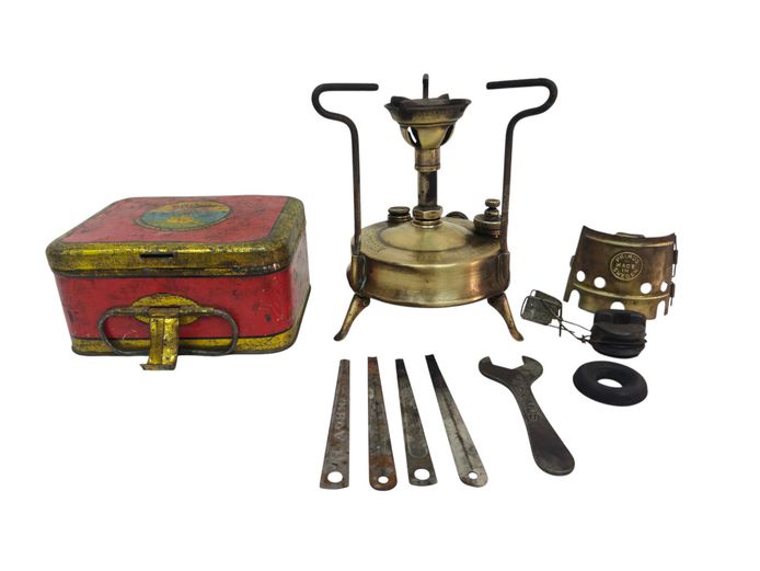 Vintage Swedish Primus Brass Camping Stove Set with Original Lithographed Tin