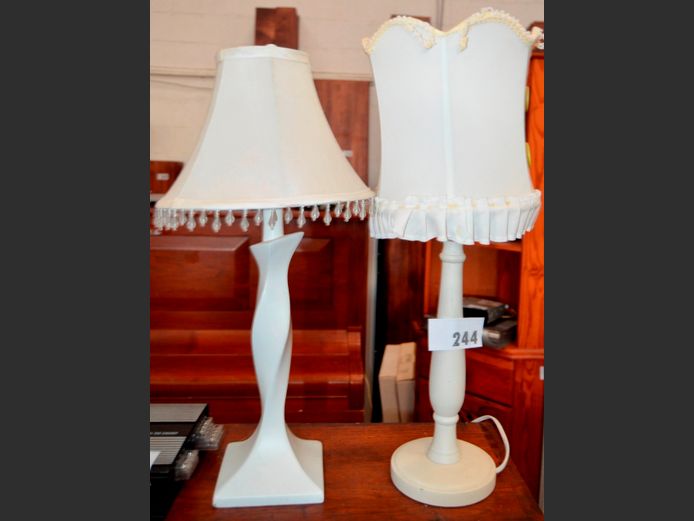 LOT: 2 x WHITE PAINTED BEDSIDE LAMPS WITH SHADES, 56cm High & 51cm High