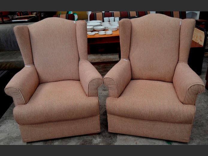 PAIR BEIGE & BURGUNDY STRIPED UPHOLSTERED WINGBACK ARMCHAIRS