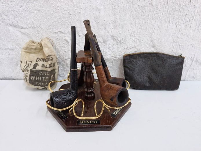 Vintage Pipe Stand Set with Medico & London England Briar Pipes and Accessories