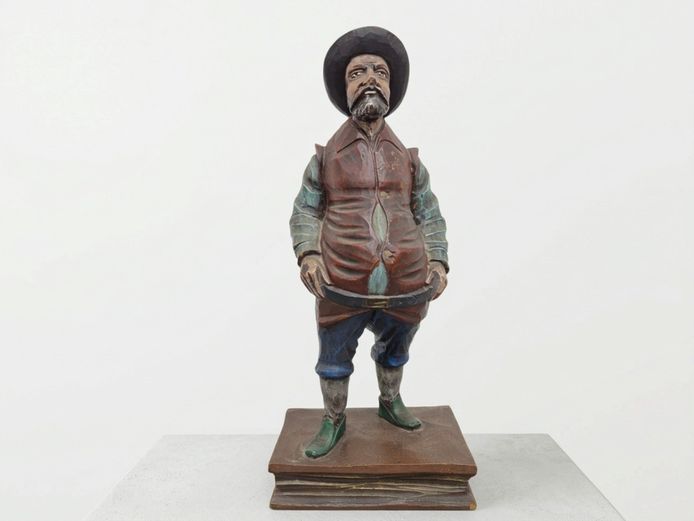 Hand-Carved Polychrome Wooden Figurine of a Renaissance Gentleman on Book Base