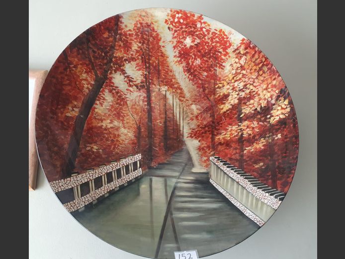 LARGE GLASS FIBRE HAND PAINTED DECORATIVE WALL PLATE "AUTUMN SCENE", 100cm Diameter