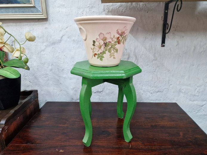 Vintage Ceramic Planter on Green Painted Wooden Plant Stand
