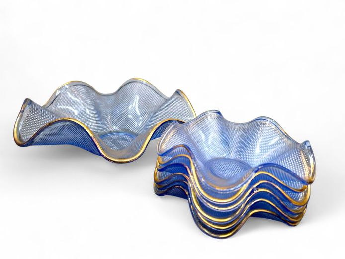 Vintage Waffle Ruffled Glass Bowls with Gold Trim