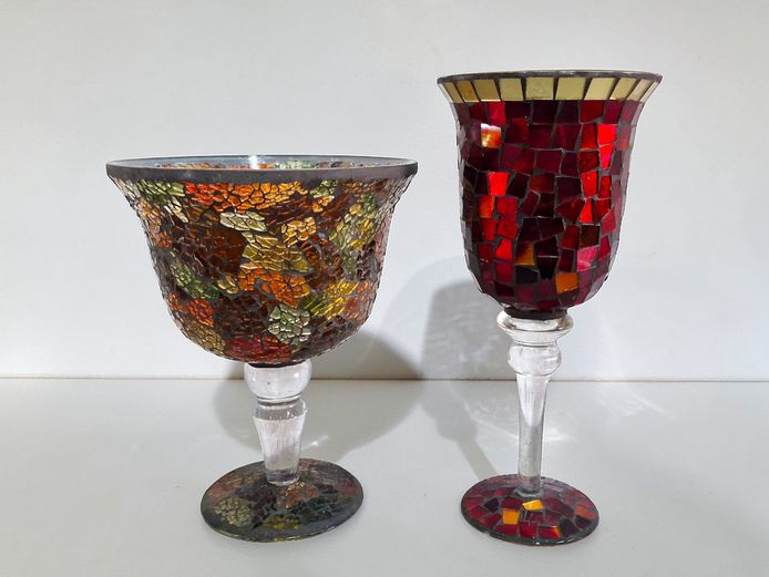 Pair of Ornate Mosaic Glass Pedestal Bowls