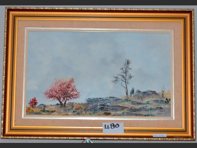 C. FOUCHE GILT FRAMED OIL ON BOARD "ROCKY LANDSCAPE", 48.5 x 28.5cm