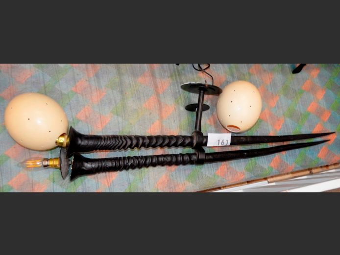 PAIR FAUX SABLE HORN WALL MOUNT LIGHTS WITH OSTRICH EGG SHELL SHADES, Average length = 93cm