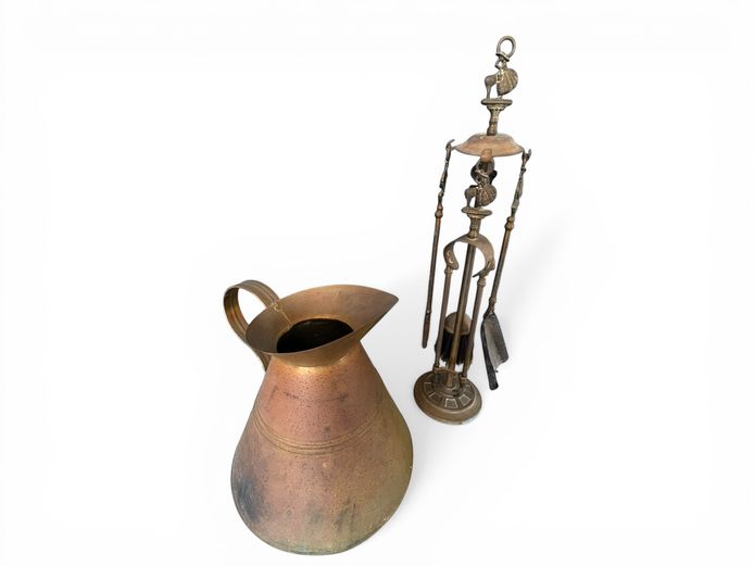 Decorative Copper Jug and Fireplace Tool Set