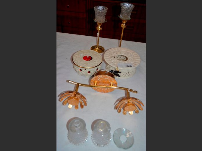 SET OF 2 BRASS & GLASS TEALIGHT CANDLESTICKS, 27cm High & 24cm High, PIERCED CERAMIC TEALIGHT CANDLE HOLDERS, etc