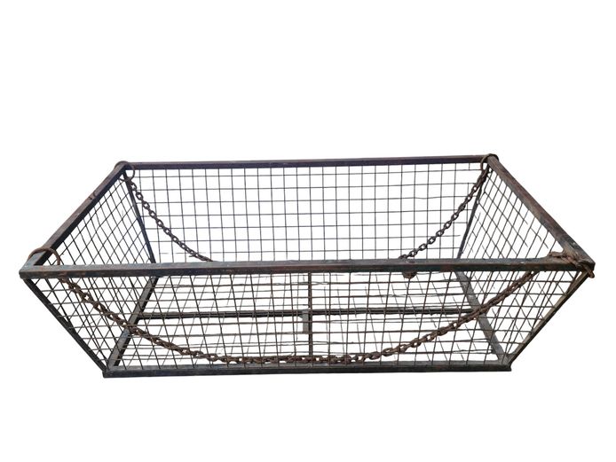 Vintage Industrial Metal Mesh Hoisting Basket with Suspension Chains