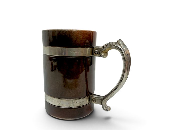 Vintage Seranco S.P.C. Brown Ceramic Stein with Silver-Tone Metal Mounts