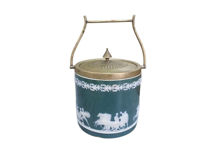 Vintage Jasperware Style Sage Green Biscuit Barrel