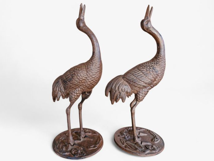Cast Metal Crane Bird Sculptures