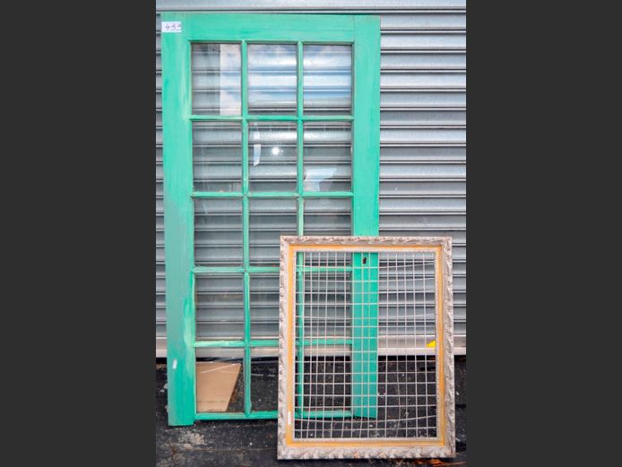 GREEN PAINTED WINDOW, 158 x 82cm & A PICTURE FRAME