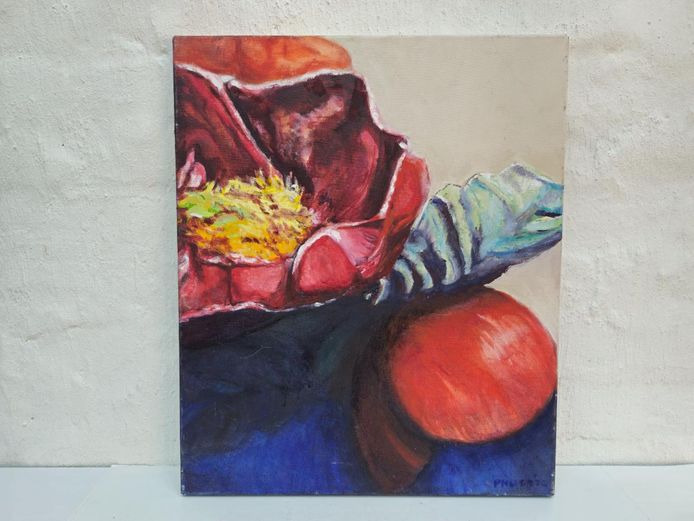 Pauline Hugo Original Still Life Oil Painting Featuring Shell and Fruit
