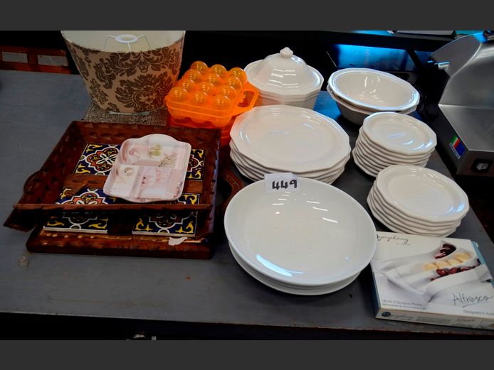 WHITE DINNER PLATES, SNACK PLATTER, SIDE PLATES, PHOTO FRAMES, etc