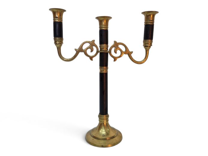 Vintage Brass and Ebonized Wood Three-Light Candelabra