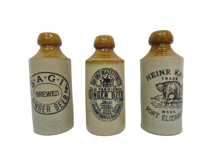 Trio of Antique South African Stoneware Ginger Beer Bottles