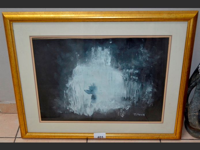 GILT FRAMED MIXED MEDIA "SHIP", BY T.V NIEKERK, 70 x 50cm