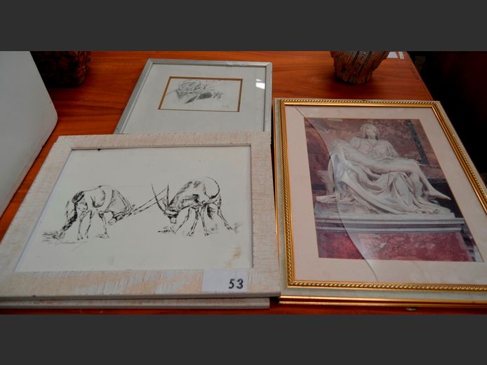 PAIR FRAMED SKETCHES "BUCK", PAIR ROMAN PRINTS & ANOTHER [Glass broken to 2]