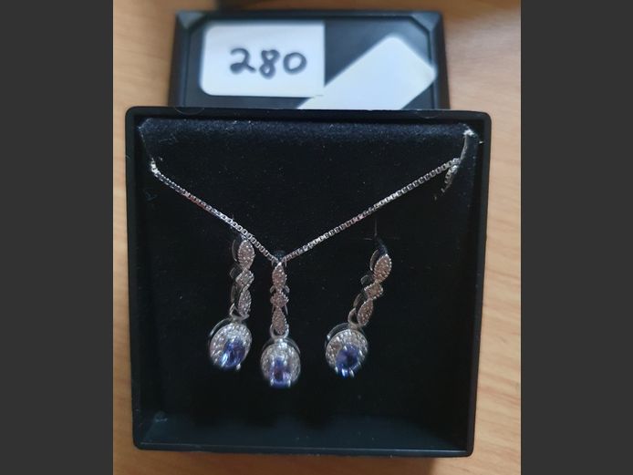 925 SILVER NECKLACE & EARRING SET WITH TANZENITE & DIAMOND