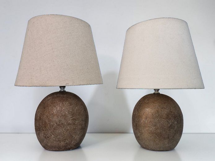Pair of Modern Textured Orb Table Lamps with Linen Shades