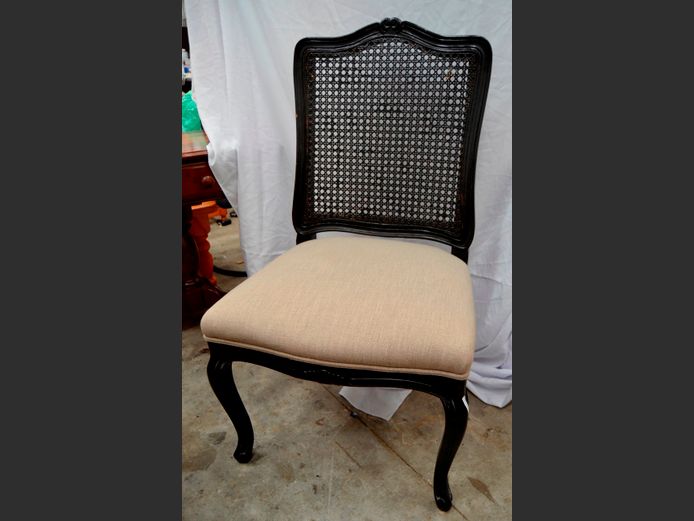 FRENCH STYLE BLACK PAINTED CHAIR WITH RATTAN BACK