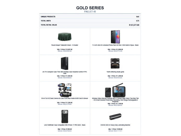 RETAIL RETURN STOCK ON PALLET TOTAL RETAIL VALUE: R67,577.00 STC