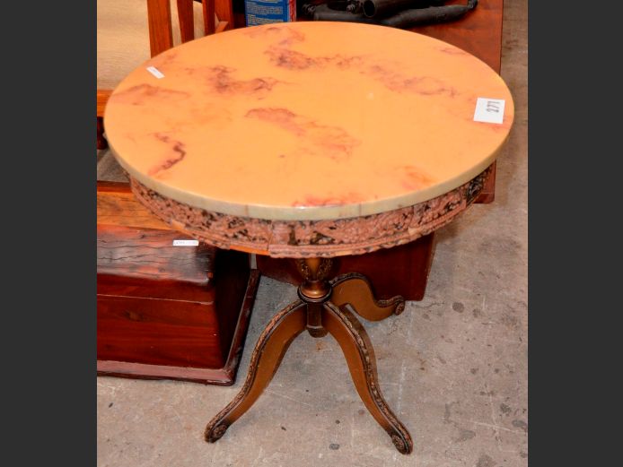 FRENCH STYLE GOLD PAINT TECHNIQUE CIRCULAR TABLE WITH FAUX MARBLE TOP [Damaged], 58cm Diameter x 62cm High