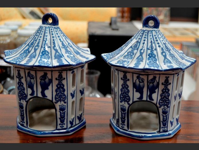 PAIR BLUE & WHITE CERAMIC TEALIGHT LANTERNS, 16cm Diameter x 20cm High