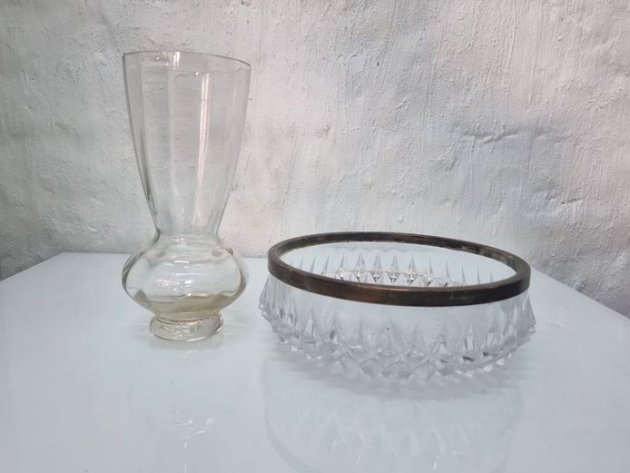 Vintage Cut Glass Bowl with Metal Rim and Glass Vase