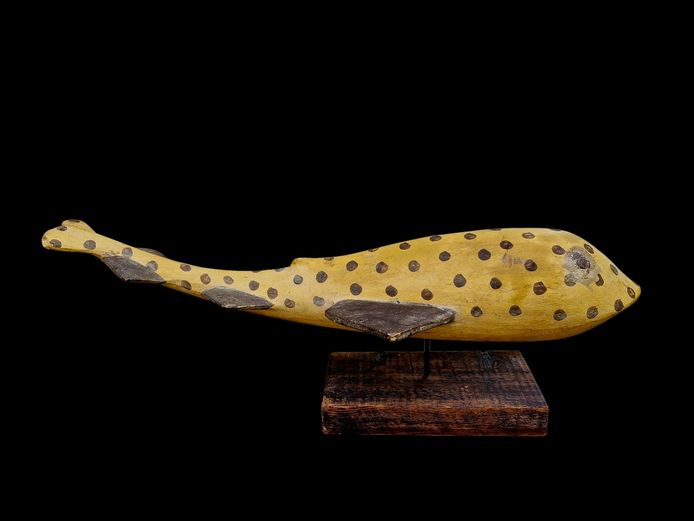 Hand-Carved Wooden Fish Sculpture on Plinth