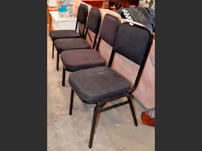 SET OF 4 BLACK METAL & FABRIC STACK CHAIRS [Needs a clean]