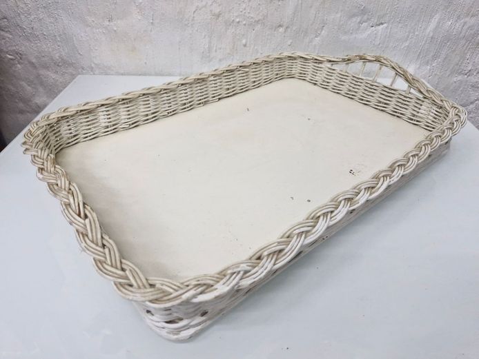 Charming Shabby Chic White Wicker Serving & Display Tray