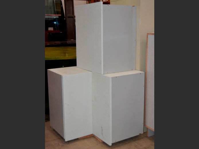 WHITE WALL MOUNT CORNER CABINET, 65 x 65 x 62cm, & ANOTHER, 46 x 37 x 59cm