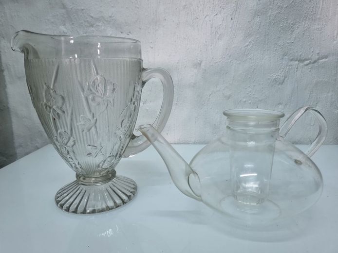 Vintage Iris Pattern Glass Pitcher & Modern Glass Infuser Teapot