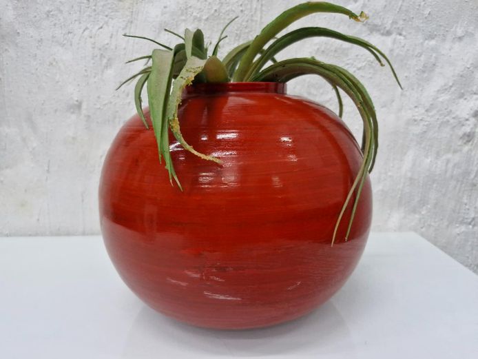 Modern Glossy Orange Lightweight Wooden Planter with Faux Air Plant Accent