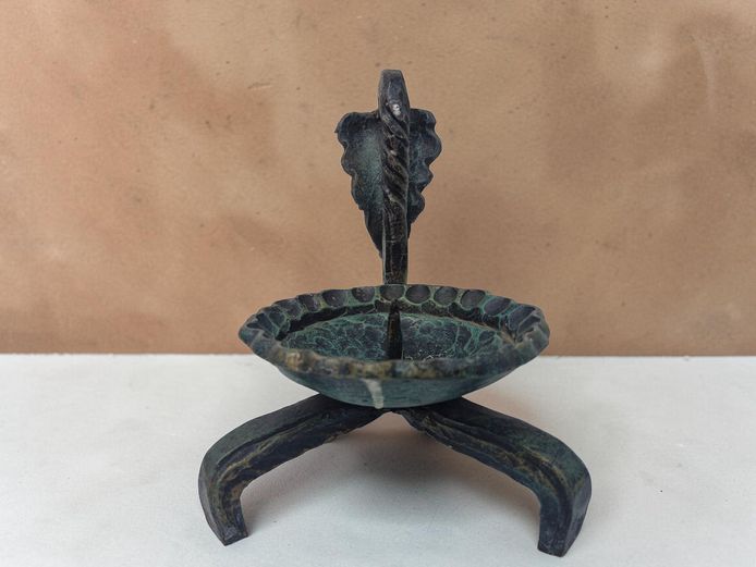 Vintage Forged Wrought Iron Candle Holder with Verdigris Patina