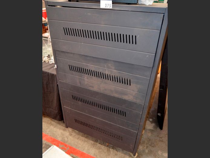 BLACK METAL 4-TIER SOLAR BATTERY STAND ON CASTORS, 78 x 50 x 129cm