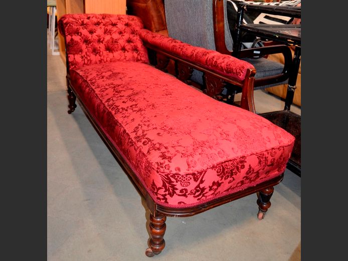 DARKWOOD & BURGUNDY UPHOLSTERED CHAISE LONGUE, 175 x 60cm
