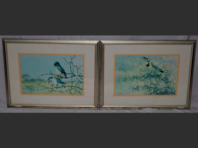 PAIR SILVER GILT FRAMED PRINTS "BIRDS" BY INGRID WEIERSBYE, 46 x 30.5cm