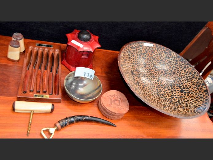 WOODEN BOWL, MOULDED HORN SNACK BOWL, LEATHER COASTERS, etc