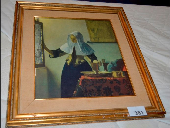 GILT FRAMED PRINT "WOMAN WITH WATER JUG", 44 x 39.5cm