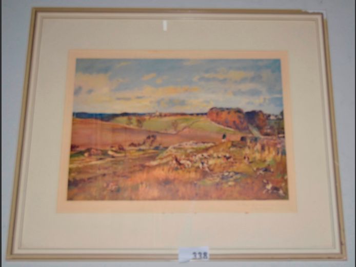 FRAMED PRINT "THE ROYAL AGRICULTURAL COLLEGE BEAGLES" BY MICHAEL LYNE, 53 x 38cm