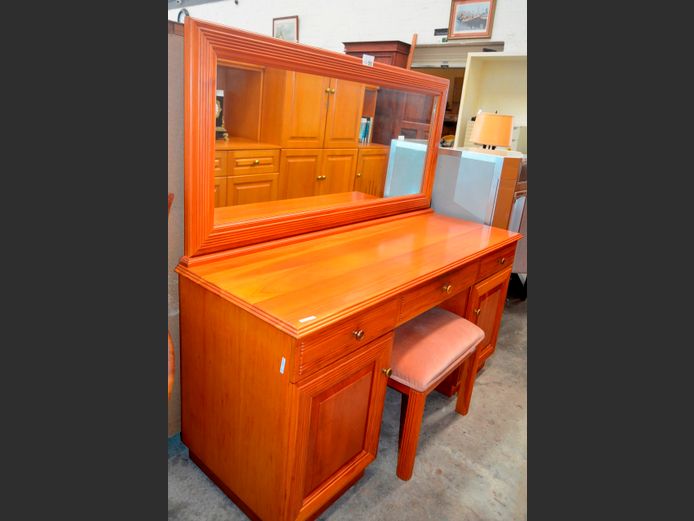CHERRY FINISH 2-DOOR, 3-DRAWER DRESSING TABLE WITH MIRROR & STOOL, 155 x 55 x 147cm & 56 x 40 x 44cm
